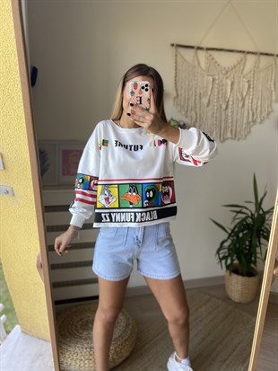 Karakter Baskı Beyaz Sweatshirt
