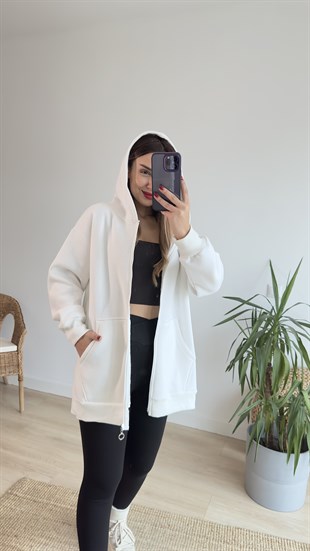 Şardonlu Yanları Yırtmaçlı Beyaz Sweatshirt	