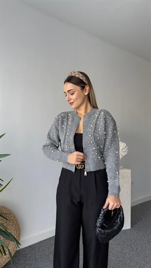 Zra Model İncili Gri Triko Hırka 