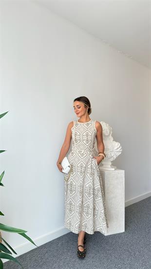 Kahve Keten Üzeri Desenli Etekli Takım 