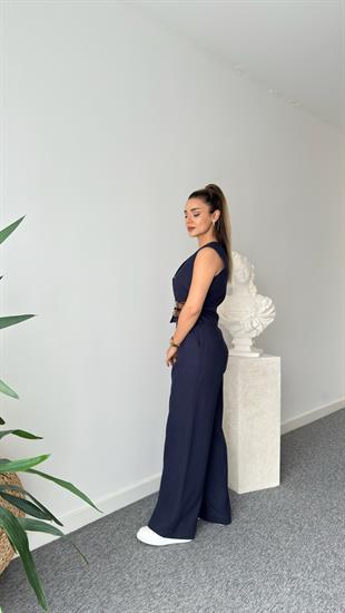 Pevil Kemer Detaylı Lacivert Yelek Pantolon Takım