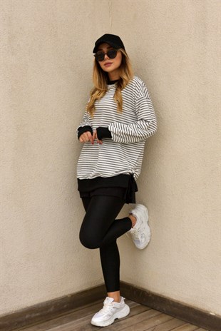 Yanları Yırtmaçlı Çizgili Beyaz Sweat	
