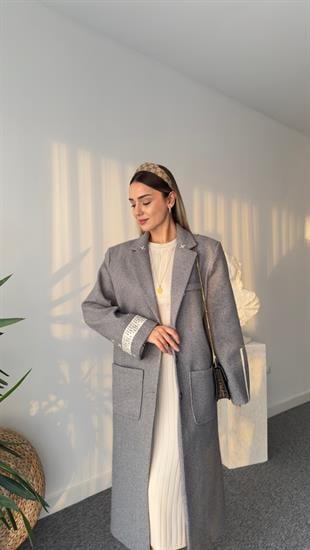 Astarı Baskılı Sırtı Yazılı Premium Gri Kaşe Kaban