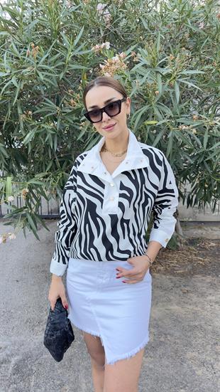Gold Düğme Zebra Desenli Poplin Sweat