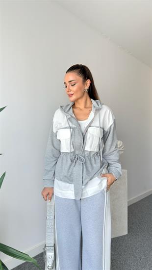 Josie Tws Model Gri Beyaz Kapüşonlu Ceket
