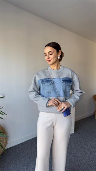 Kais Kot Garnili Taşlı Gri Sweatshirt