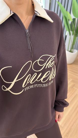 Nakış Yazı Detaylı Yarım Fermuar Kahve Sweatshirt