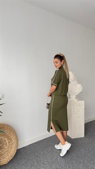 Biyeli Fermuar Cep Detay Haki Takım