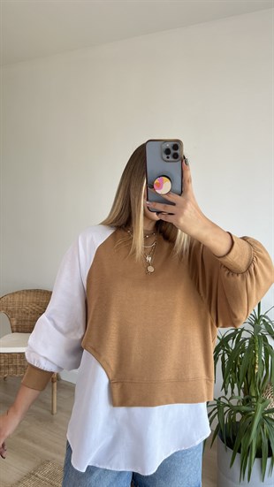 Beyaz Gömlek Detaylı Camel Triko