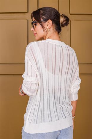 Beyaz V Yaka Asimetrik Transparan Triko Kazak