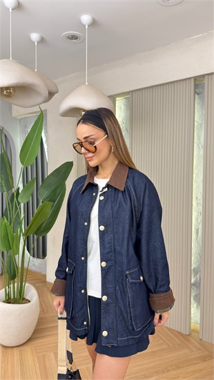 İç Ekoseli Kadife Yaka Oversize Ceket