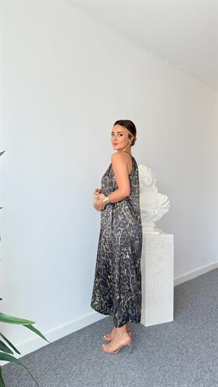 Saten Halter Yaka Leopar Desenli Elbise 
