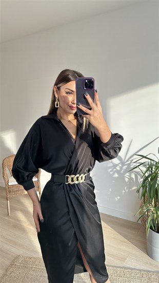 Kemerli Kruvaze Siyah Saten Elbise