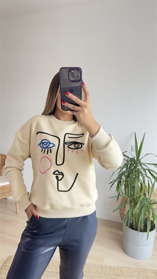Nakış Yüz Figürlü Bej Sweat