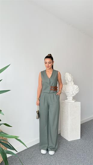 Haki Pevil Kemer Detaylı  Yelek Pantolon Takım