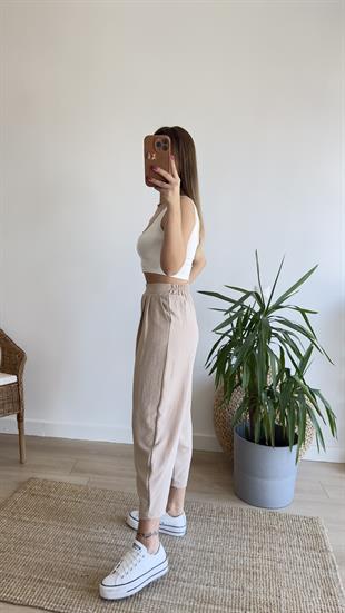 Bej Pileli Şalvar Model Pantolon