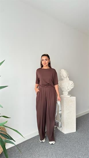 Kahve Gablit Pile Detaylı İkili Takım