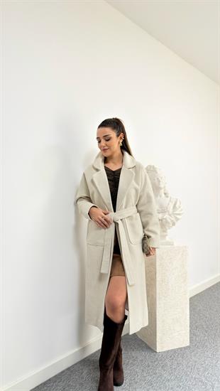 Bej Liche Kuşaklı Kaşe Kaban