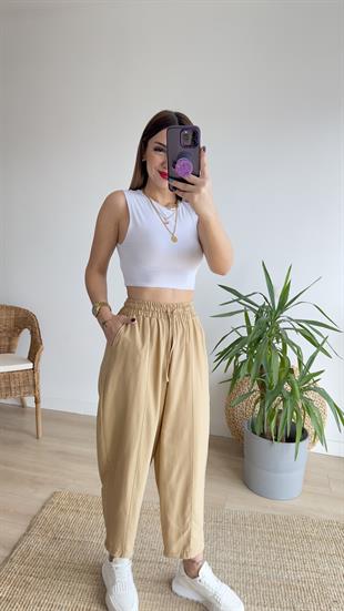 Beli Lastikli Camel Şalvar Pantolon