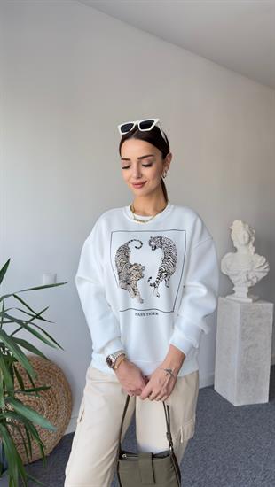 Taş Detay Kaplan Baskılı Beyaz Sweat