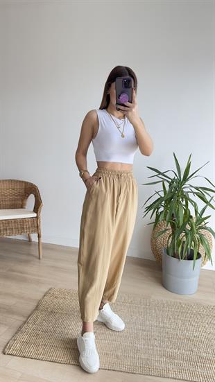 Beli Lastikli Camel Şalvar Pantolon