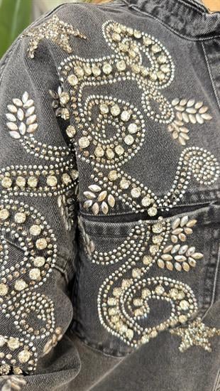 Antrasit Prela Taş Motif İşlemeli Kot Ceket 