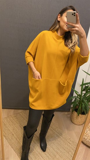 Önden Cepli Oversize Hardal Tunik