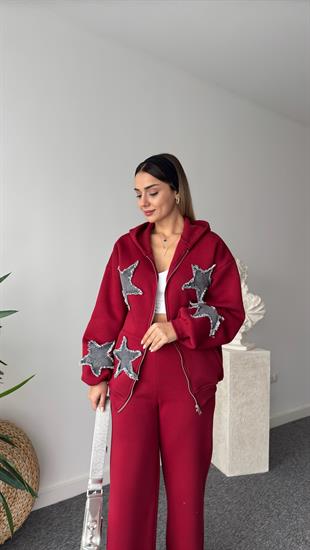 Denim Yıldız Detaylı Bordo Tasarım Takım