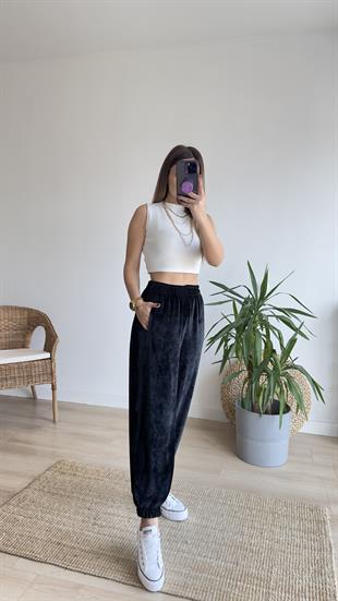 Orj Marka Beli Lastikli Kadife Jogger