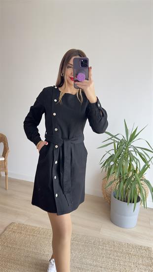 Düğmeli Siyah Denim Elbise