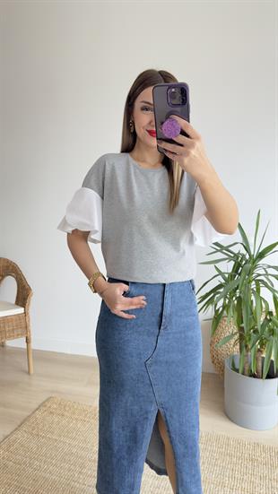 Kolları Poplin Gri Basic Tshirt