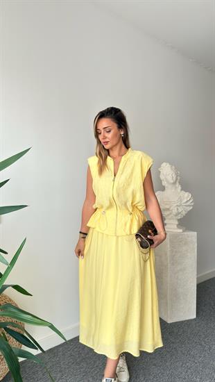 Sarı Quen Taş Detaylı Tensel Etekli Takım