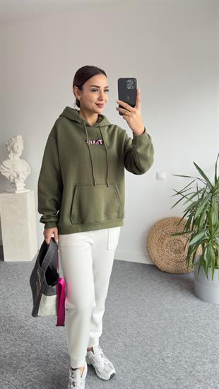 Kapüşonlu Sırt Leopar Baskı Sweat