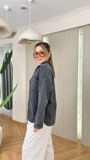 Antrasit Prela Taş Motif İşlemeli Kot Ceket 