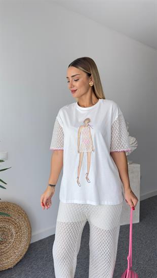 Lija Kız Baskılı Dantel Garnili Tshirt