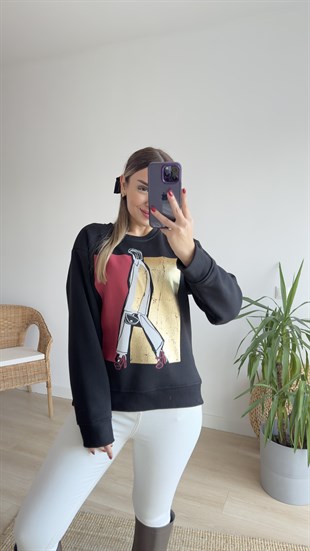 Varak Desenli Şardonlu Siyah Sweat
