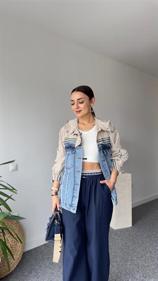 Bej Paraşüt Detaylı Kapüşonlu Jean Ceket