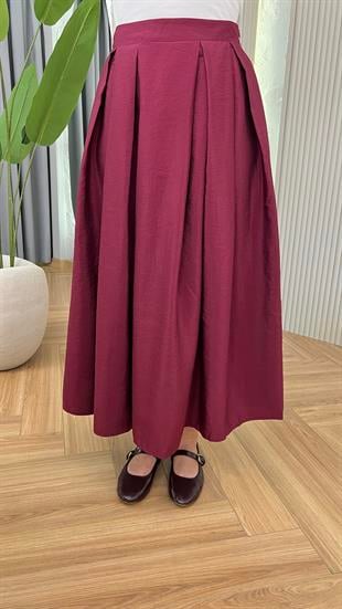 Bordo Yulia Pile Detaylı Etek
