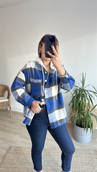 Mavi Ekose Detay Kapüşonlu Sweatshirt
