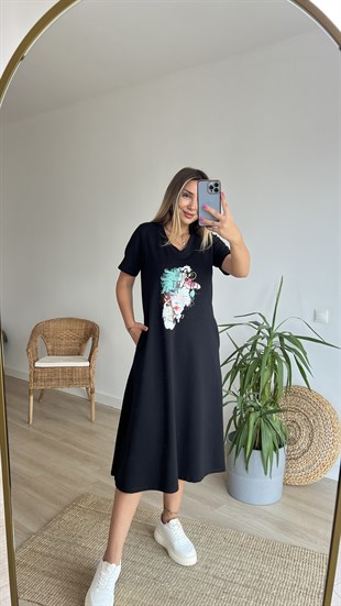 Kız Baskı Detaylı V Yaka Elbise