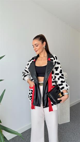 Deri Detaylı Tasarım Leopar Desen Hırka 