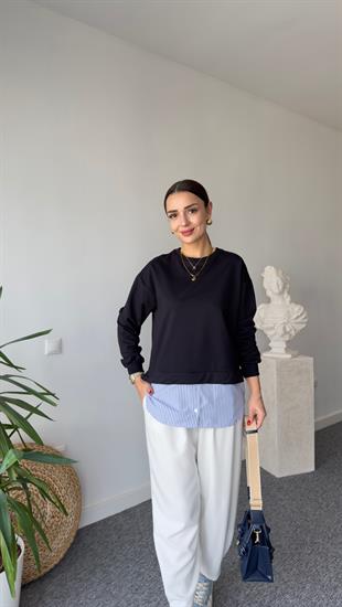 Çizgili Poplin Garnili Lacivert Sweat