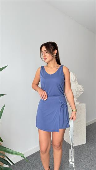 Mavi Mika Bağlama Detaylı Şort Etek