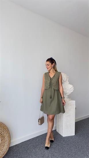 Orj Model Yelekli Haki Elbise 