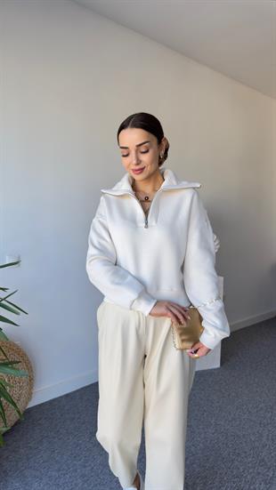 Dik Yaka Bej Fermuarlı Sweat