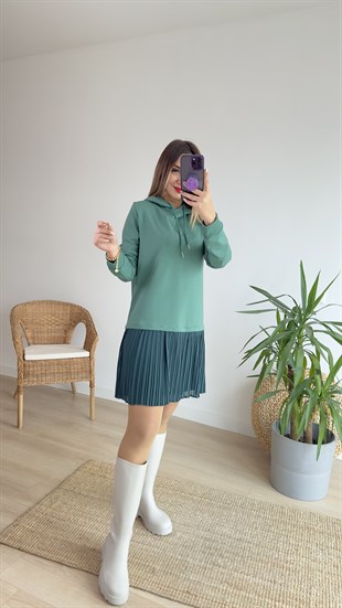 Kapüşonlu Yeşil Sweat Elbise 