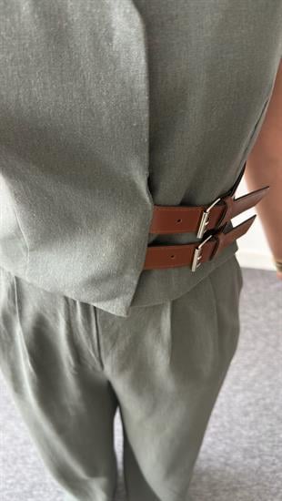 Haki Pevil Kemer Detaylı  Yelek Pantolon Takım