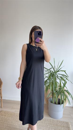 Woven Kolsuz Siyah Basic Elbise 
