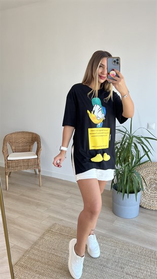 Donald Duck Baskı Aksesuar Detaylı Siyah Tshirt