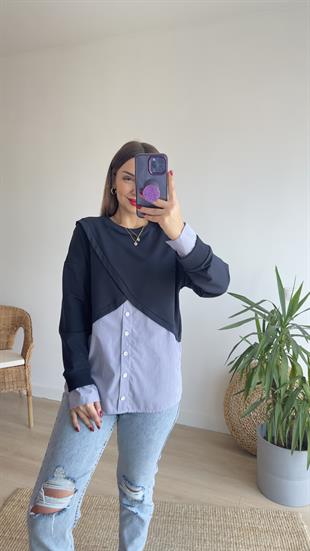Çapraz Poplin Detay Lacivert Sweat